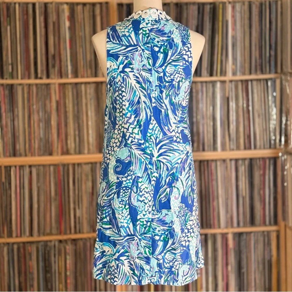 Lilly Pulitzer Jane Blue & Green Retro Size 6 Mod Dress White Trim Gold Zipper - Picture 5 of 9